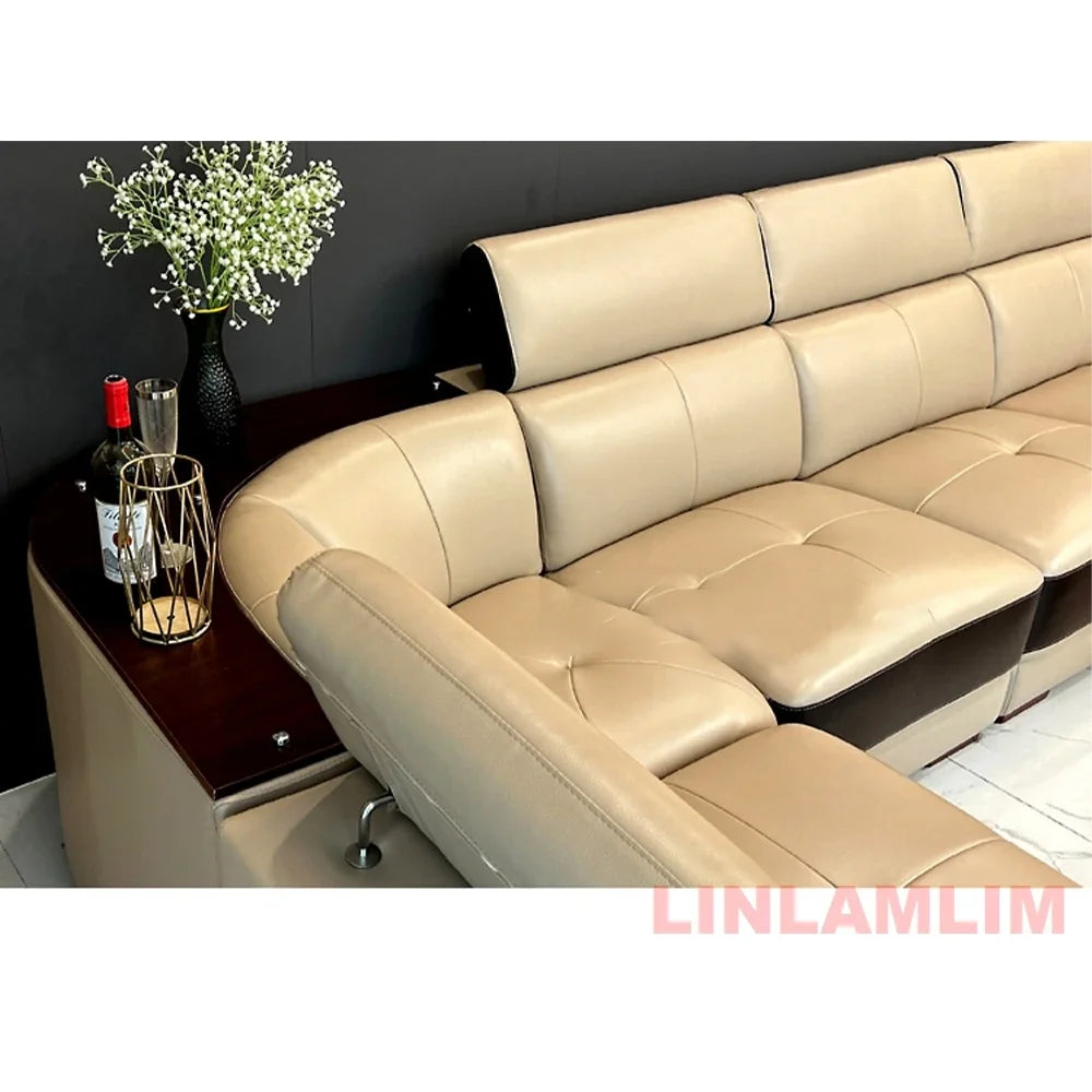MINGDIBAO Modern Minimalist Genuine  Italian Leather Sectional Sofa with Console, Storage and Speaker