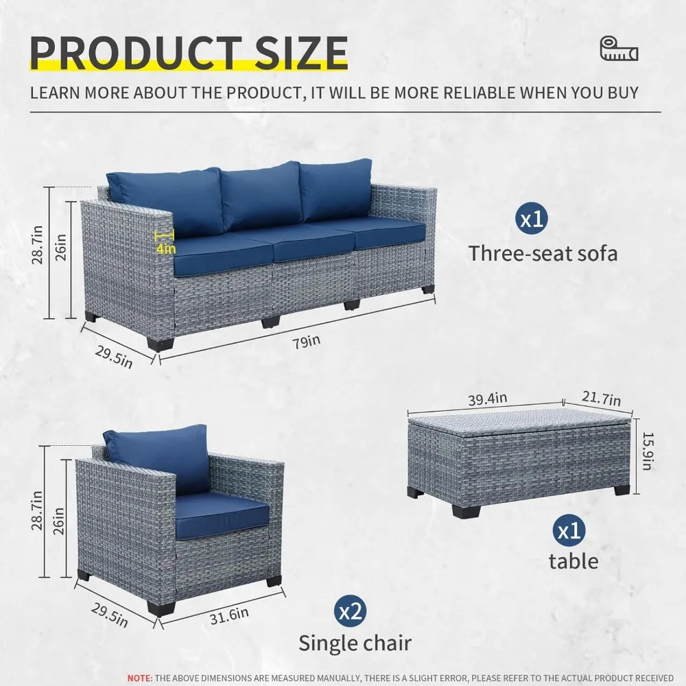 4 Piece Wicker Outdoor  Furniture Sets  Conversation Set PE Rattan Sectional Sofa w Storage