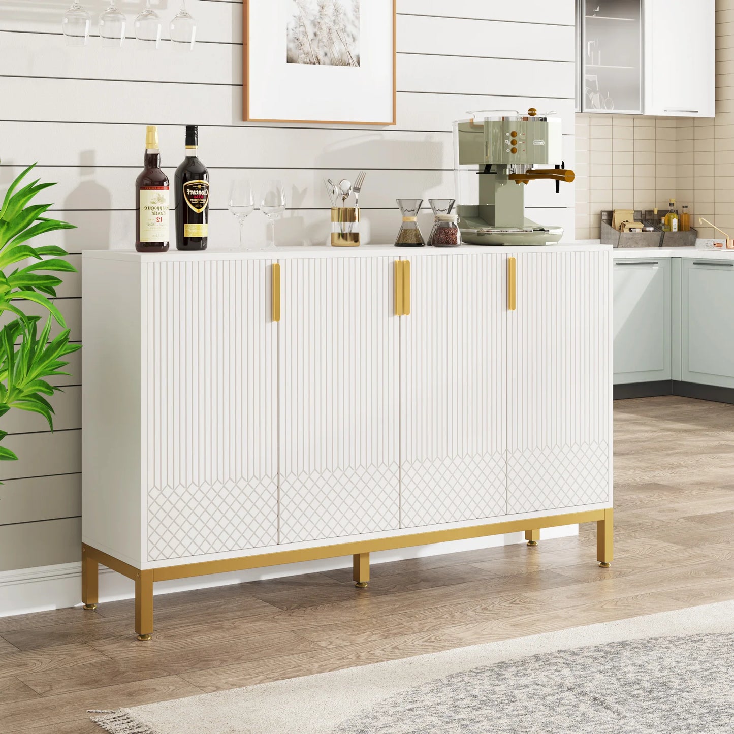 Tribesigns Modern Storage Console Cabinet Sideboard Buffet Cabinet with 4 Doors & Gold Metal Base
