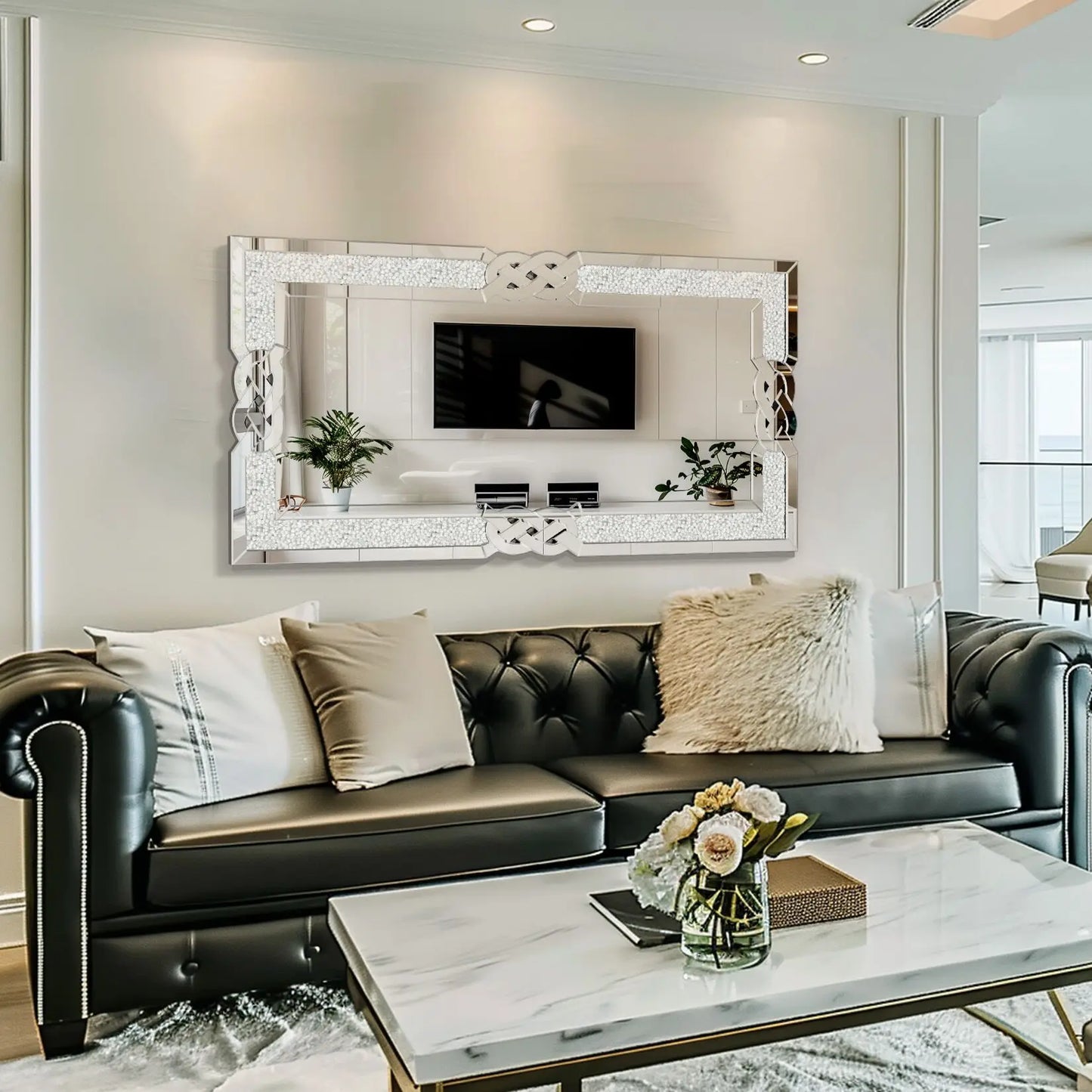 Rectangular Wall Mirror Luxury Silver , Crystal Crush Diamond Decor