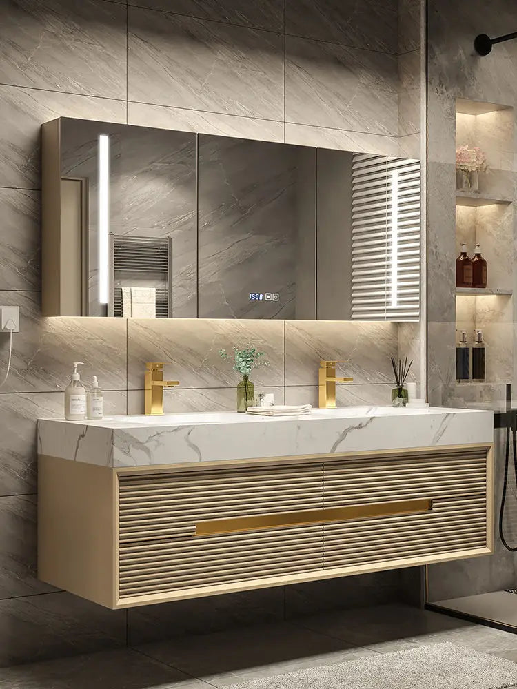 Light Luxury  Combination Suit Oak Milk Tea Color Cabinet Rock Plate Washstand Modern Toilet Wash Basin