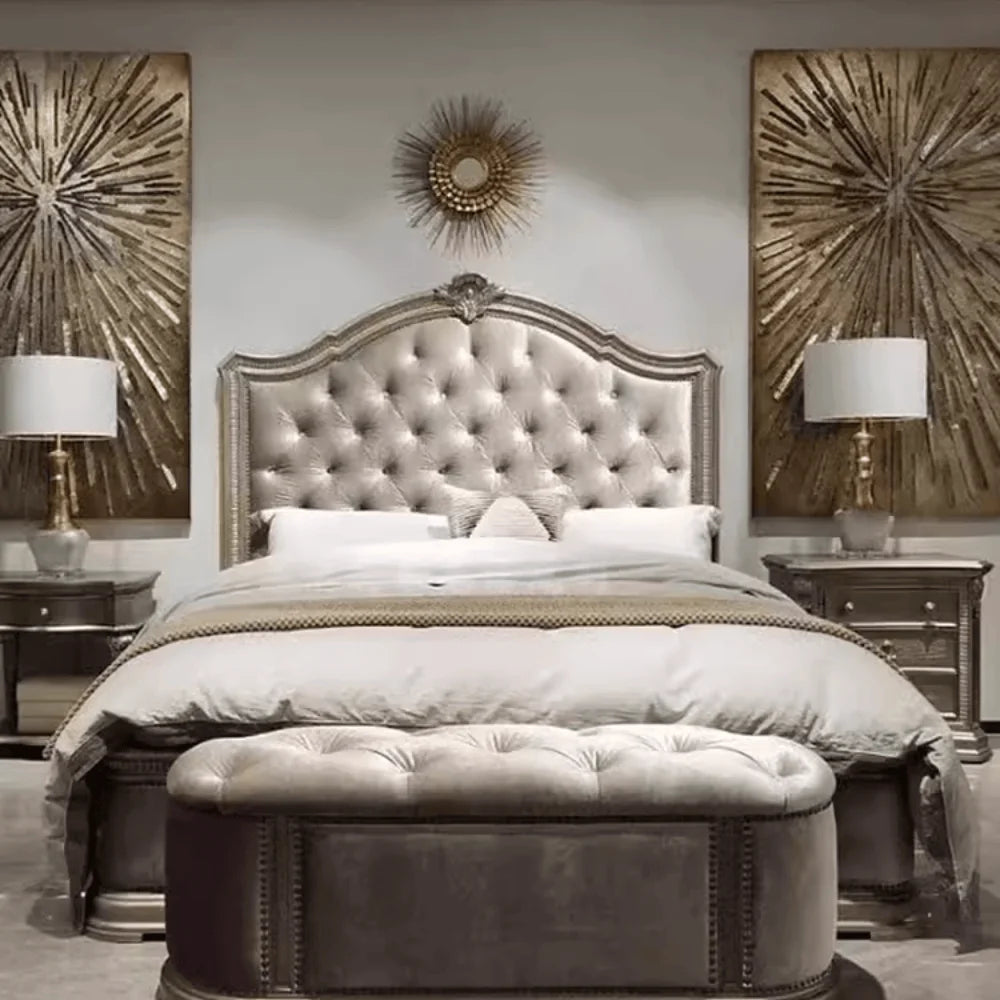 Modern Design Luxury Queen Size bed frame,  Space Saving Shelves