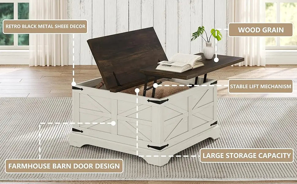 Lift Top Table,Square,  Wood Center Rustic, Cocktail White Moder, hidden storage