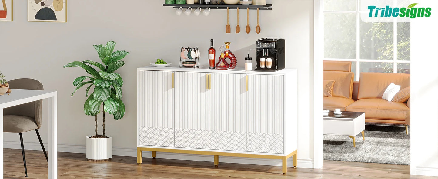 Tribesigns Modern Storage Console Cabinet Sideboard Buffet Cabinet with 4 Doors & Gold Metal Base