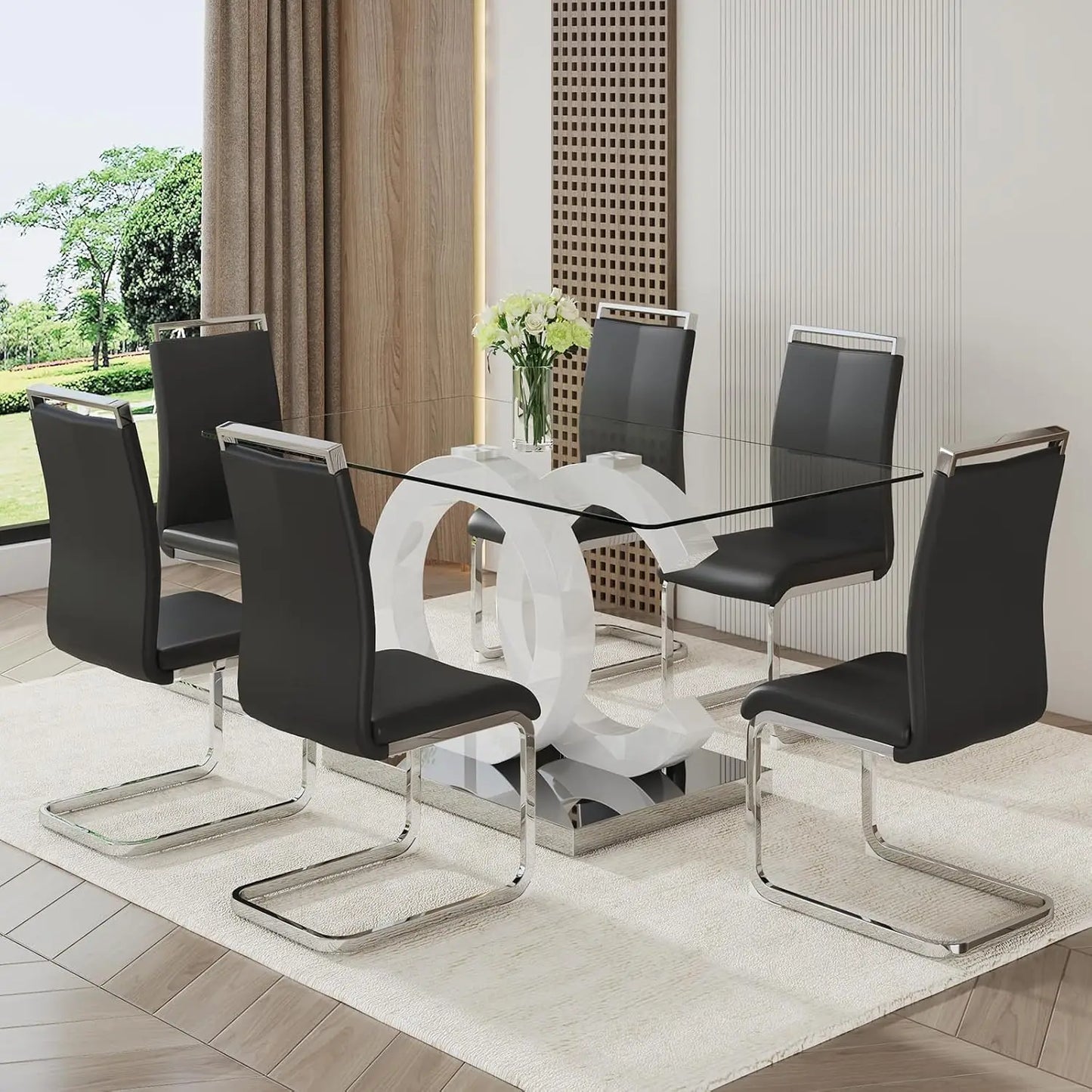 Glass Table Set for 6 ,7 Piece Set, Tempered Glass Top,  PU Leather,  Chairs ,Easy Assembly