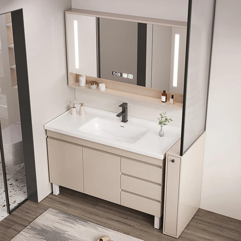 Solid Wood Cabinet Smart Light Mirror Ceramics Integrated Modern  Floor Toilet Wash