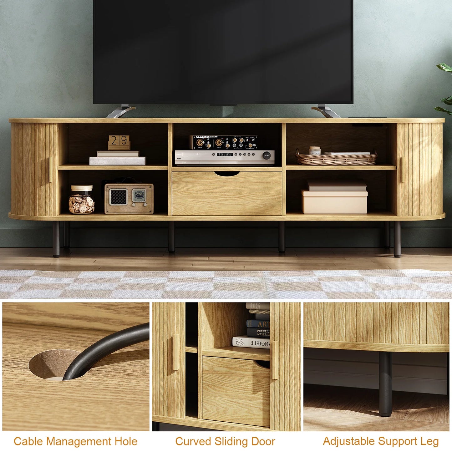 Entertainment Center w/ Storage & Drawer, Console w/ Adjustable Shelves  Stand with Power Outlet