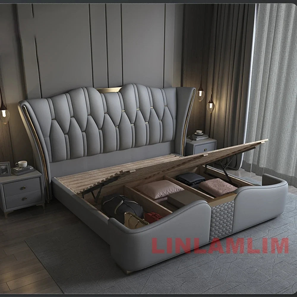 MINGDIBAO Luxury Modern Upholstered Bed Frame with Gold Accents, Genuine Leather Designer  Queen/King Size Bed