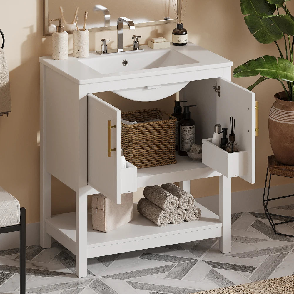 Small White Vanity with Ceramic Sink ;Versatile Storage