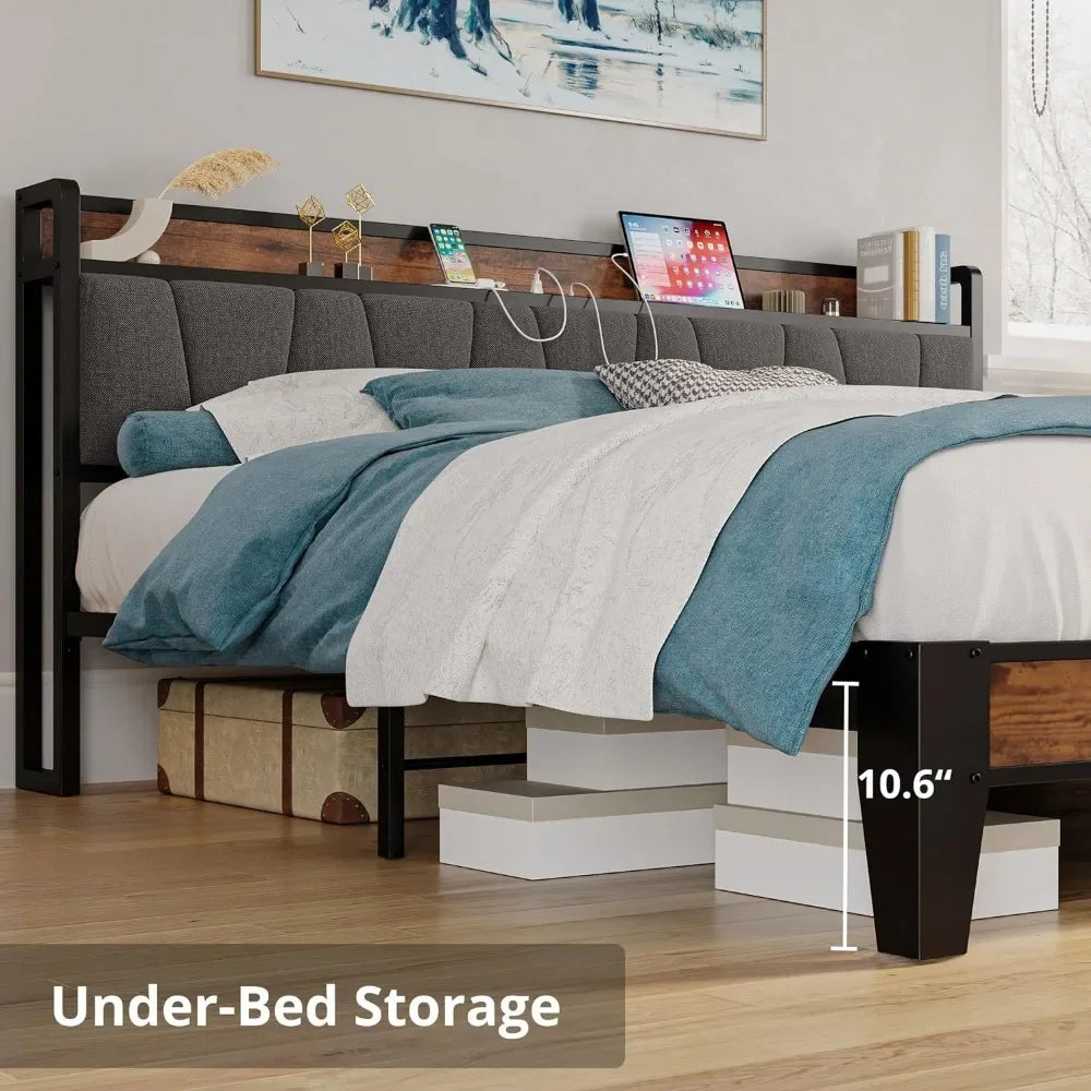 California king size bed frame, storage headboard with charging station,