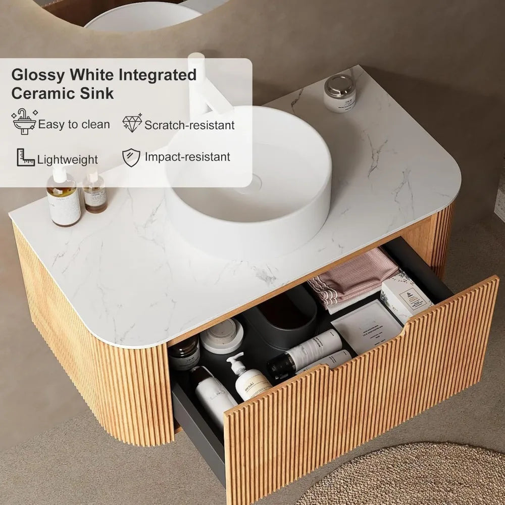 Modern Vanity with Sink, Floating Cabinet with Ultra-Thin Ceramic Basin and Marble Top, Extra Large Storage