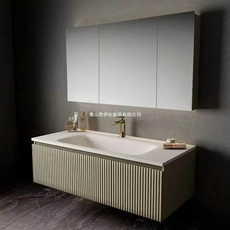 Light Luxury Oak  Cabinet LED Smart Mirror Slate Integrated  Vanity Sink