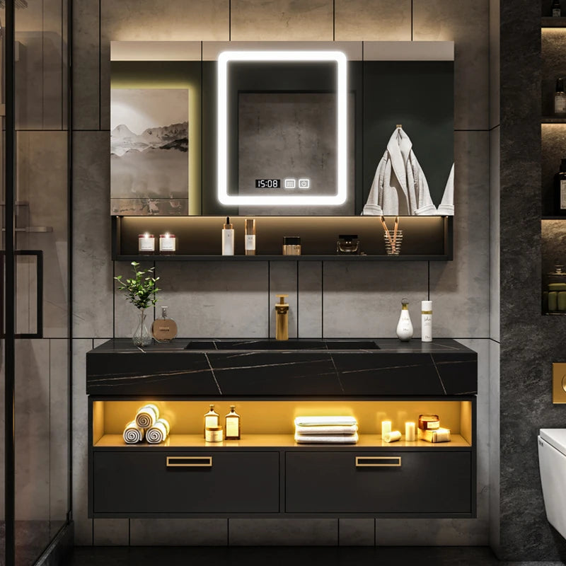 Solid Wood Vanity Cabinet With Wash Basin, Mirror, Light