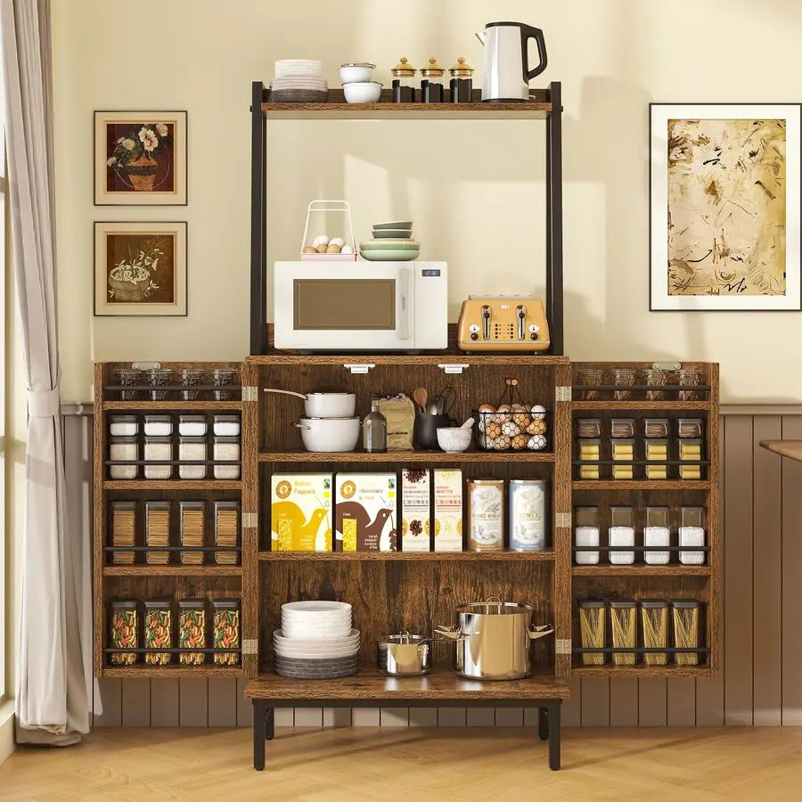 Pantry Storage Cabinet with, Storage Shelves, Modern  Hutch with Microwave Stand, Adjustable Shelf