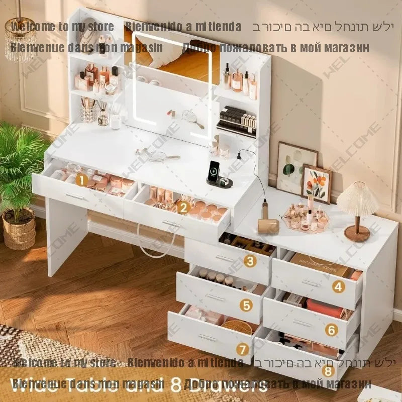 , Makeup Vanity Table with 8 Drawers & Open Shelves,  LED Lighted Mirror, Power Outlet