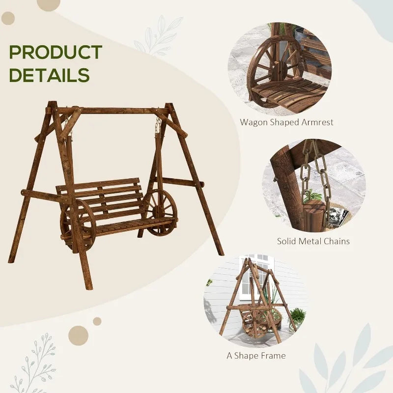 2-Seat swing Chair with A-Frame Stand, Wooden Log Chair Bench w Wagon Shaped Armrests for Garden, Poolside