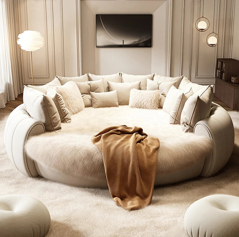 Unique Trendy Modern, Round Queen Bed Lounge Suite, White Cream ,