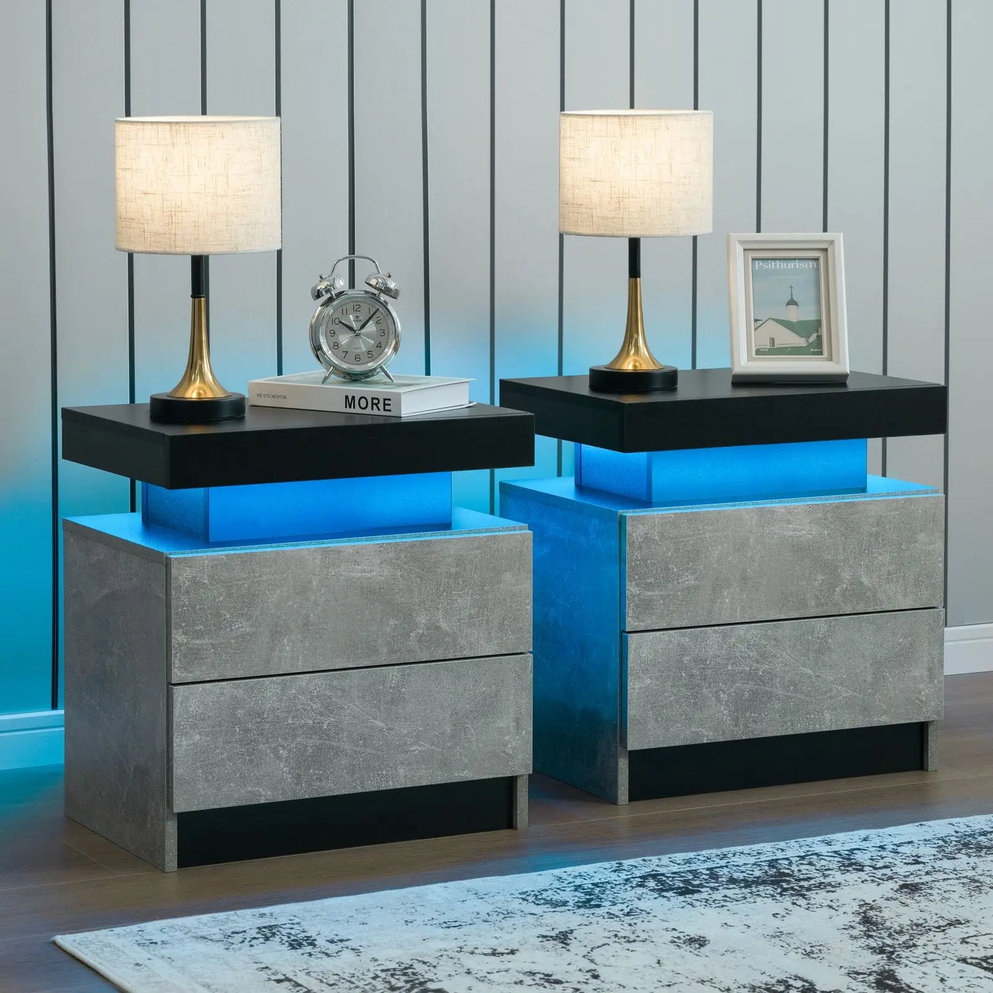Set of 2 nightstands with LED lights with 2 drawers, bedside table with drawersSet