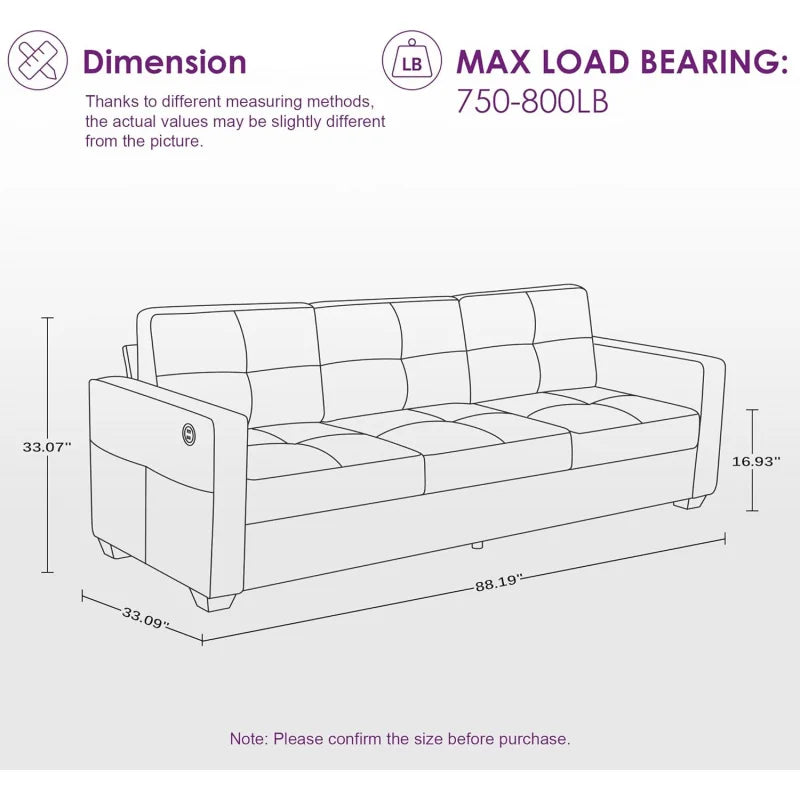 Modern 3 Seater Sofa   Mid Century w/ 2 USB Charging Ports ,  Upholstered Cushions