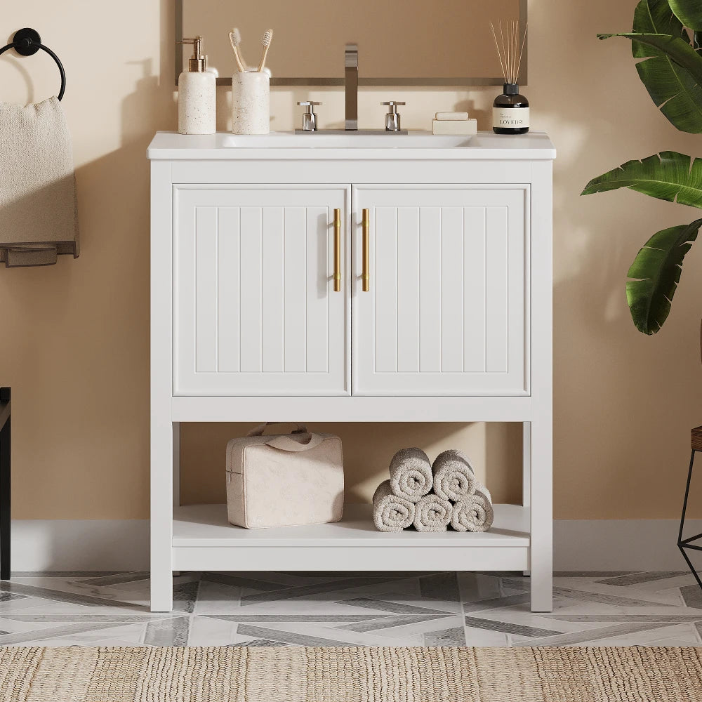 Small White Vanity with Ceramic Sink ;Versatile Storage