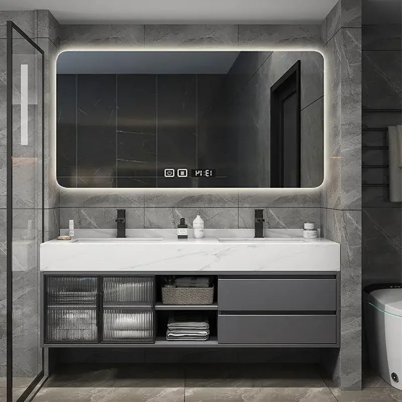 Slate Integrated Vanity Double Sink, Luxury cabinet, mirror,