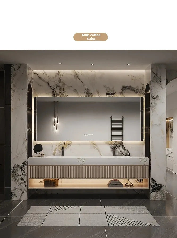 French Light Luxury Rock Slab Seamless Double Basin Cabinet Combination Solid Wood Washbasin Cabinet