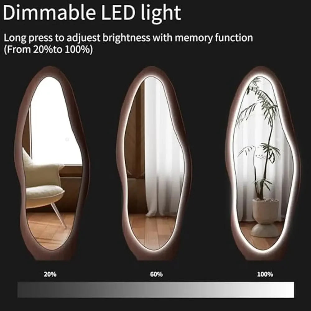 Full Length Wood Mirror with LED  Lights Wall Mounted Hanging Wavy Design Shatterproof HD Easy glass