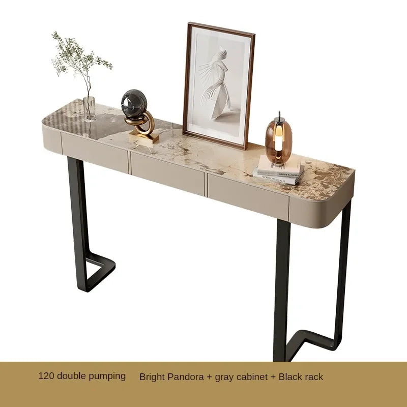 Italian Stone Plate Top Console Table with Drawer Minimalist Cabinet