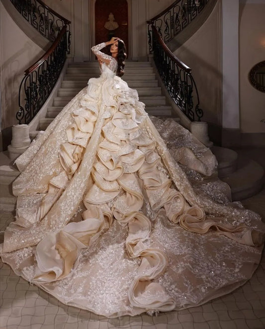 Vintage Queen Luxury Cathedral Bridal Gowns,  Wedding Dress , glitter, sequins, long sleeves, ruffles