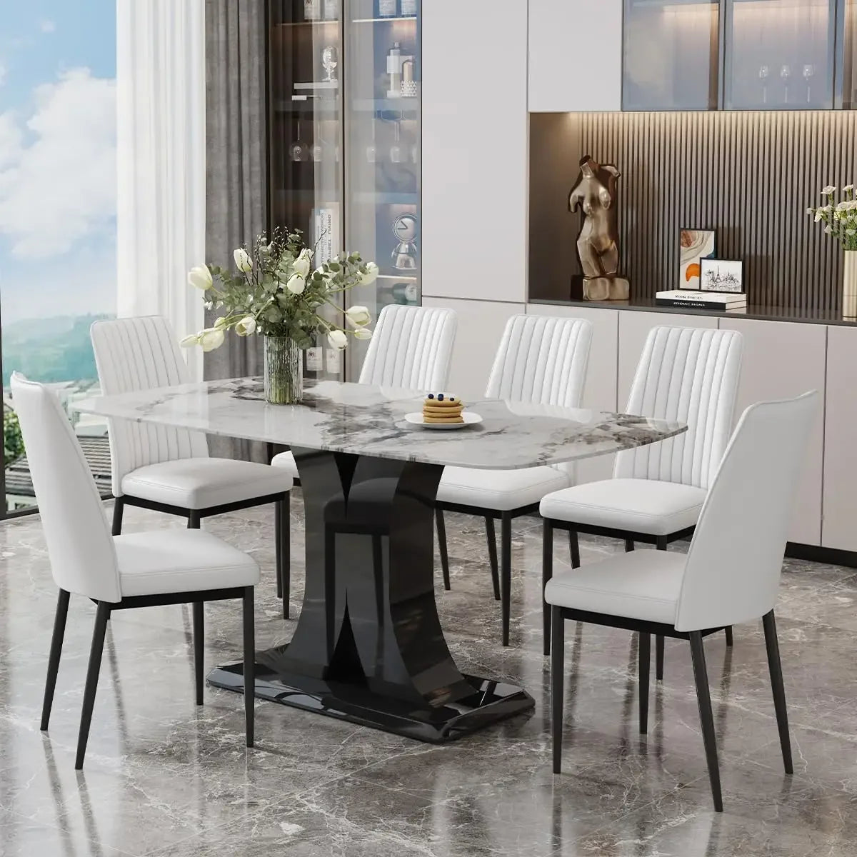 ,White Marble Pattern Table with 6  Chairs, 6 Piece  Set