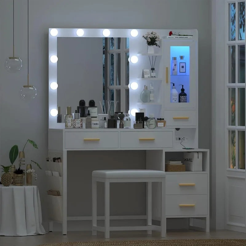 White Vanity Desk with Mirror and Lights, ,Charging Station, LED Cabinet, 5 Drawers & Storage Bag