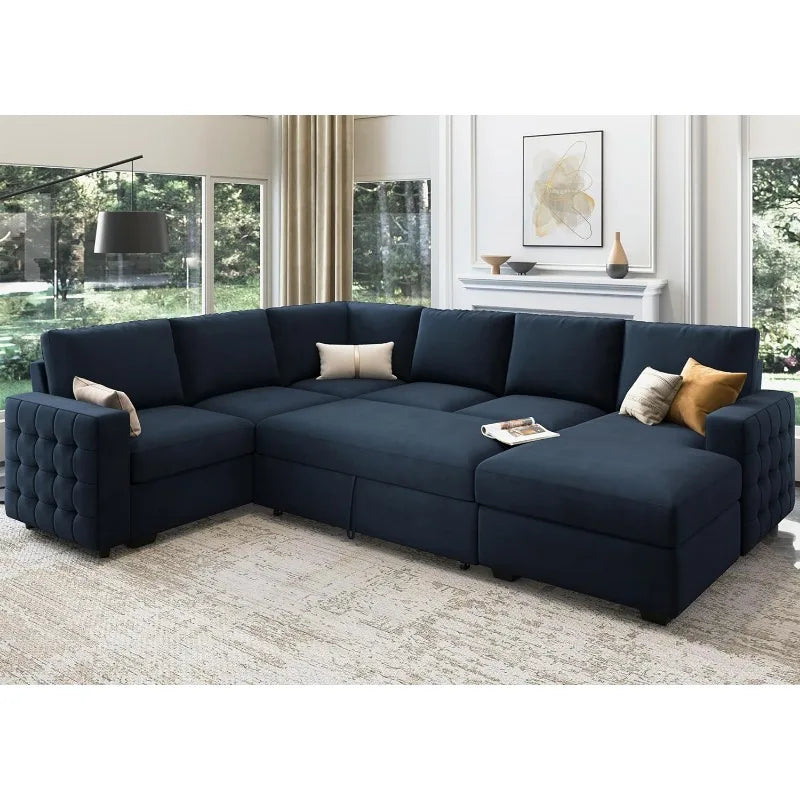 Sectional Sleeper Sofa, Velvet, storage, Chaise, U-shaped