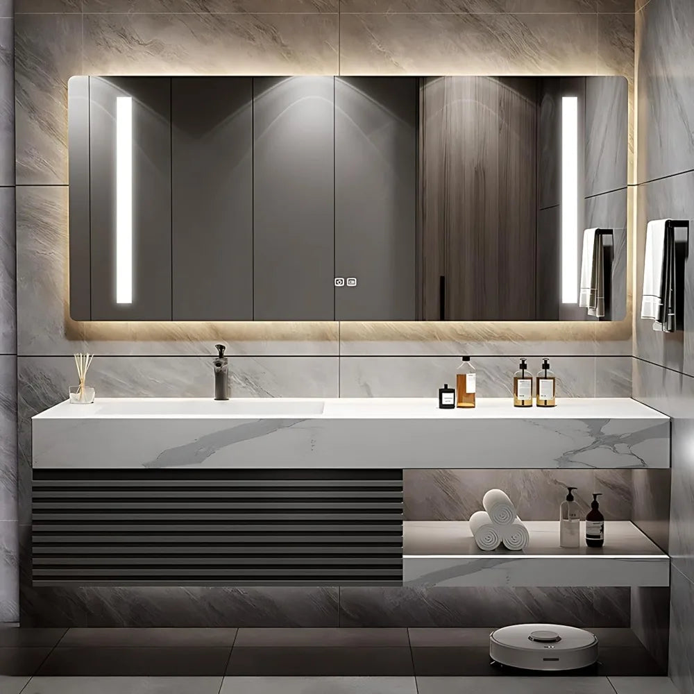 Floating  Vanity Solid wood with sink ,Half Side Cabinet with Striped Door Panel