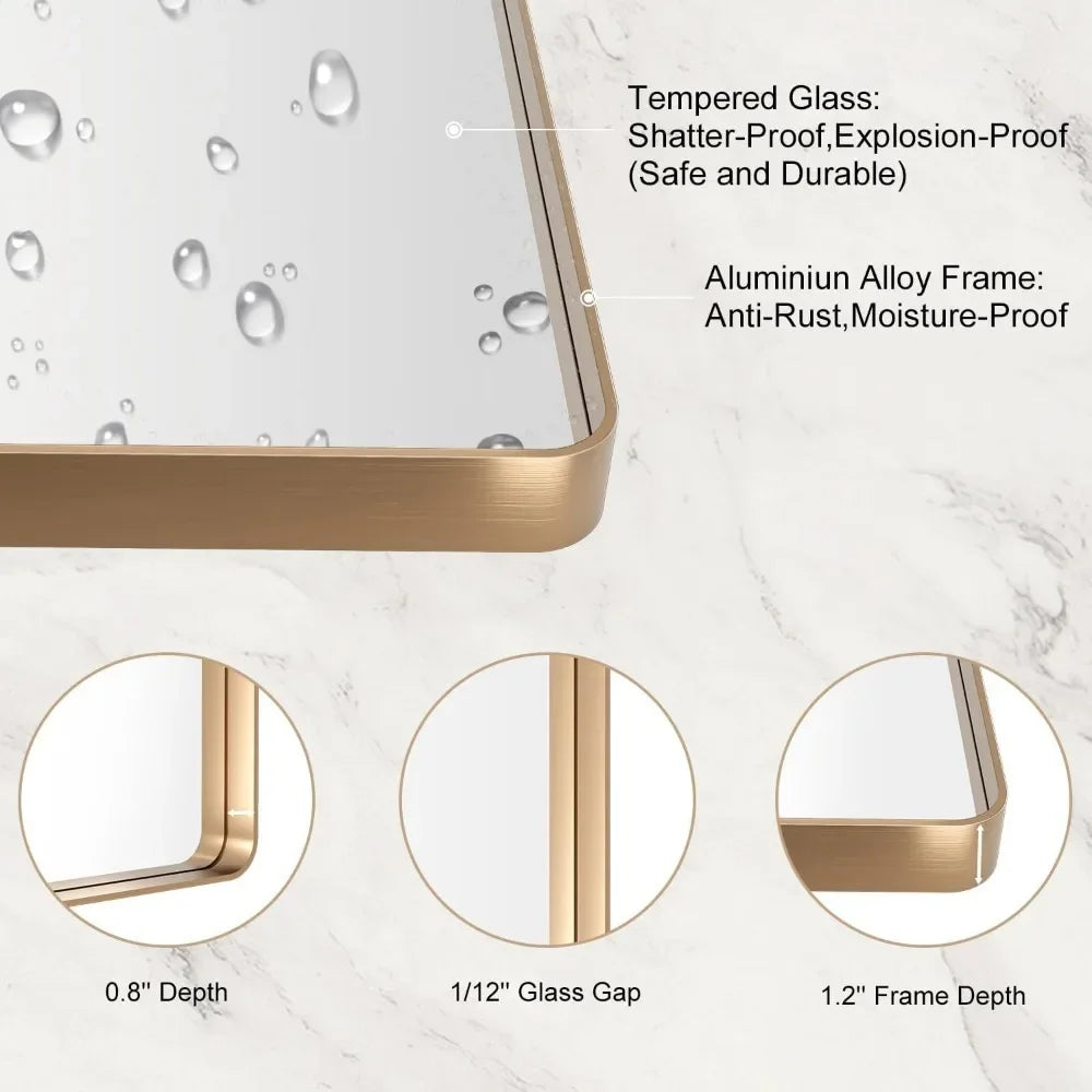 Rounded Rectangle Gold Mirror, Tempered Glass, Anti-Rust