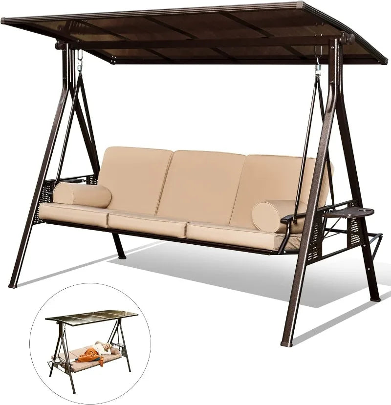 Swing Bench with 2 Side Cup Holder,  Backrest  w/ Cushion, 2 Pillows