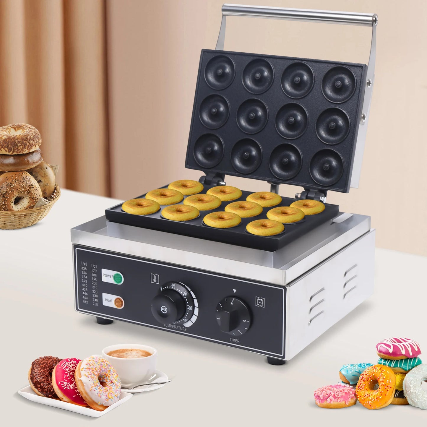 12-Grid Donut Maker, Stainless Steel Electric Non-Stick Round, 5cm Donut, Time & Temperature Control