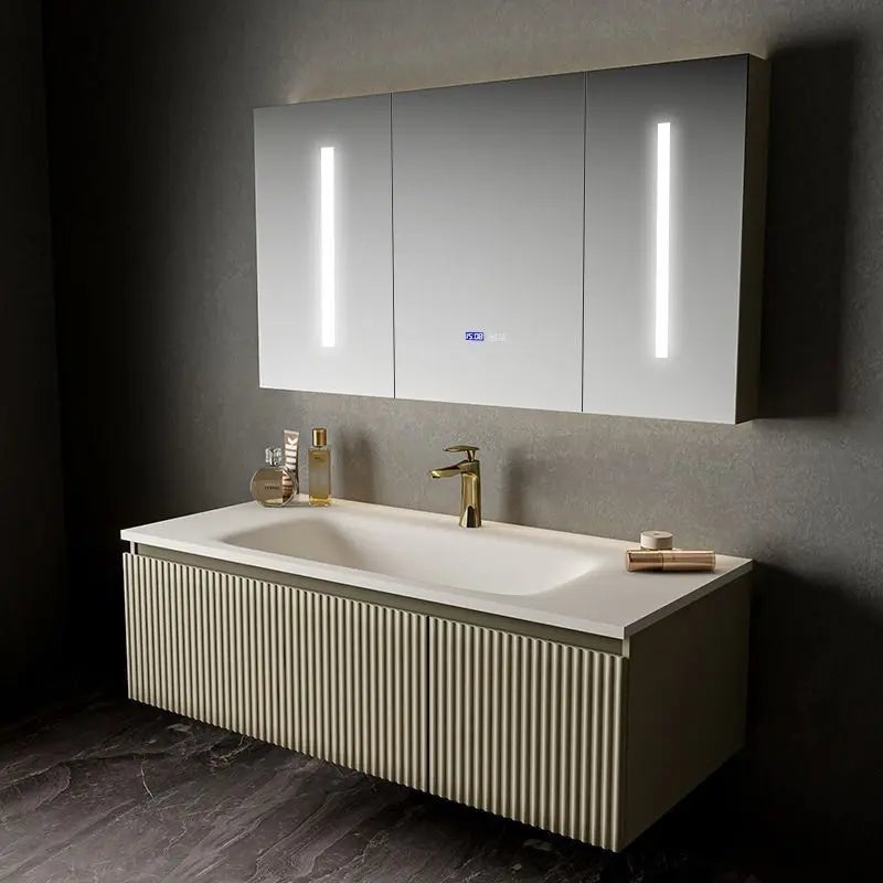 Light Luxury Oak  Cabinet LED Smart Mirror Slate Integrated  Vanity Sink