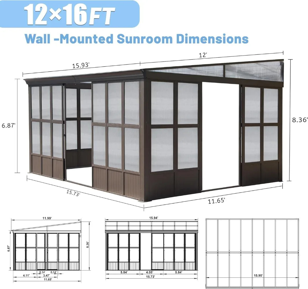 All Season Sunroom, Permanent Wall Mounted Solarium w Detachable Windows, w 2 Doors