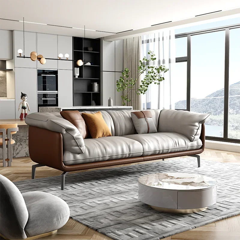 Nordic Simple Soft Sofa  Vintage Brown Girl 3 Seater Designer Leather Love Seat