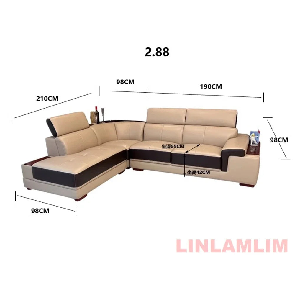 MINGDIBAO Modern Minimalist Genuine  Italian Leather Sectional Sofa with Console, Storage and Speaker