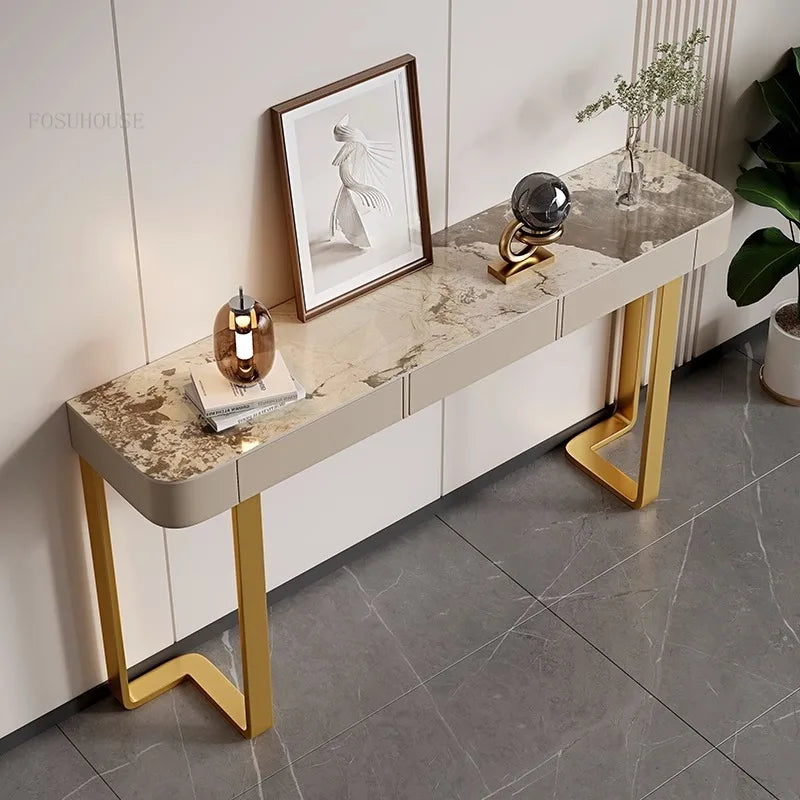 Italian Stone Plate Top Console Table with Drawer Minimalist Cabinet