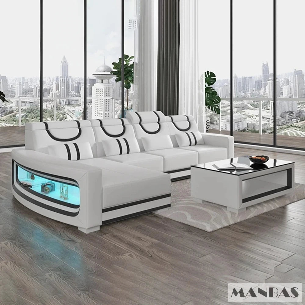 Italian Genuine Leather Sofa - 2 Colors Combination, LED Light & Soft Cushions