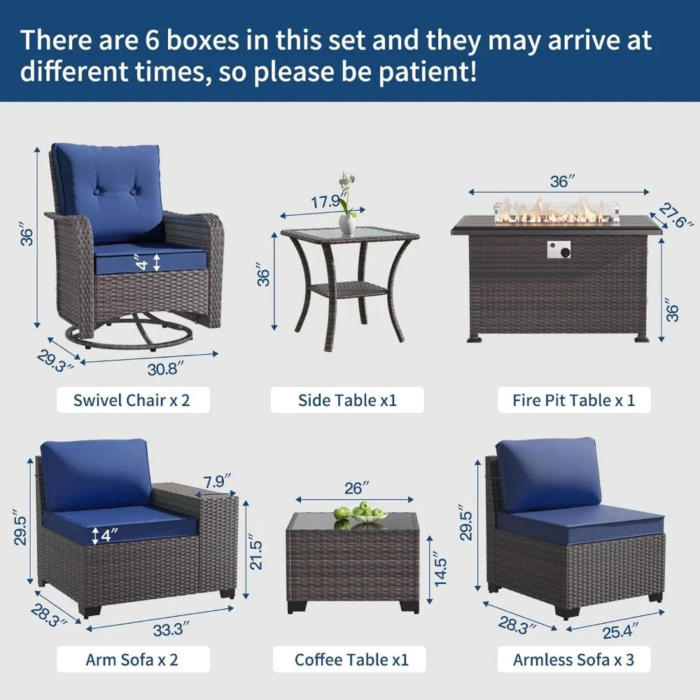 10 Piece Furniture Set w/ 2l Rocking Chairs and Gas Navy Blue Fire Pit