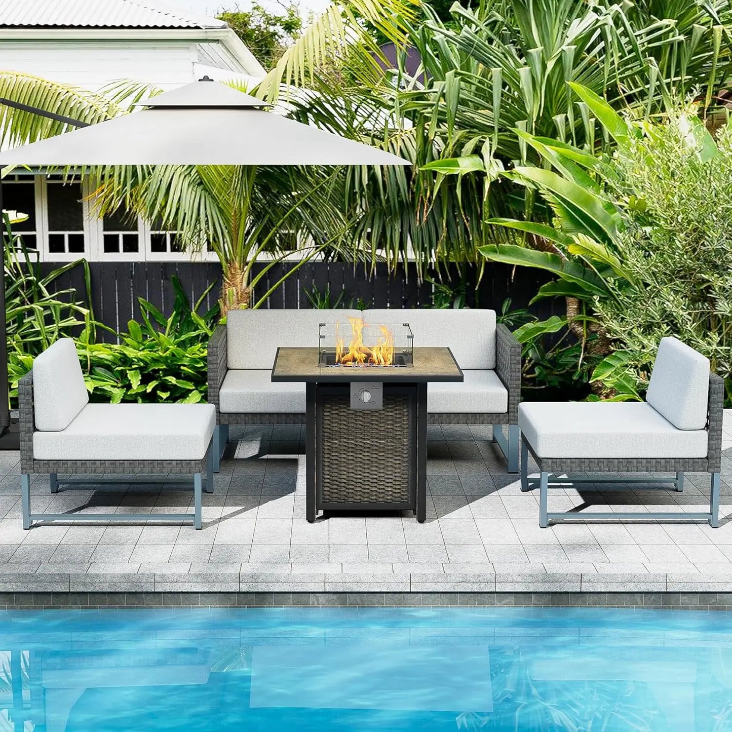 Outdoor  Sectional Couch Table and Chairs Set with .light brown wicker, [propane firepit