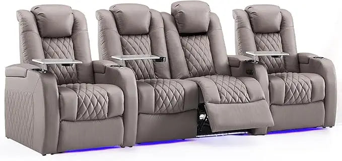 Top Grain Leather Recliner  Dual Power  Electric Headrest with Tray Table Type-C USB ,Black Cup Holders