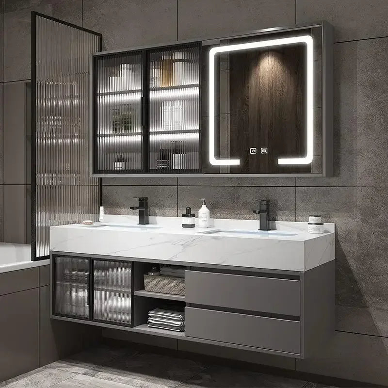 Slate Integrated Vanity Double Sink, Luxury cabinet, mirror,