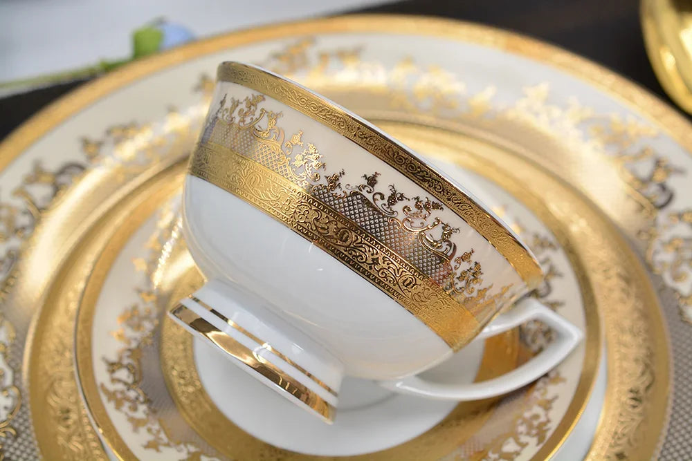 Porcelain Luxury  dinnerware set gold design bone china  dishes bowl tea coffee cup sets, dinner plates, 98 pcs chinaware