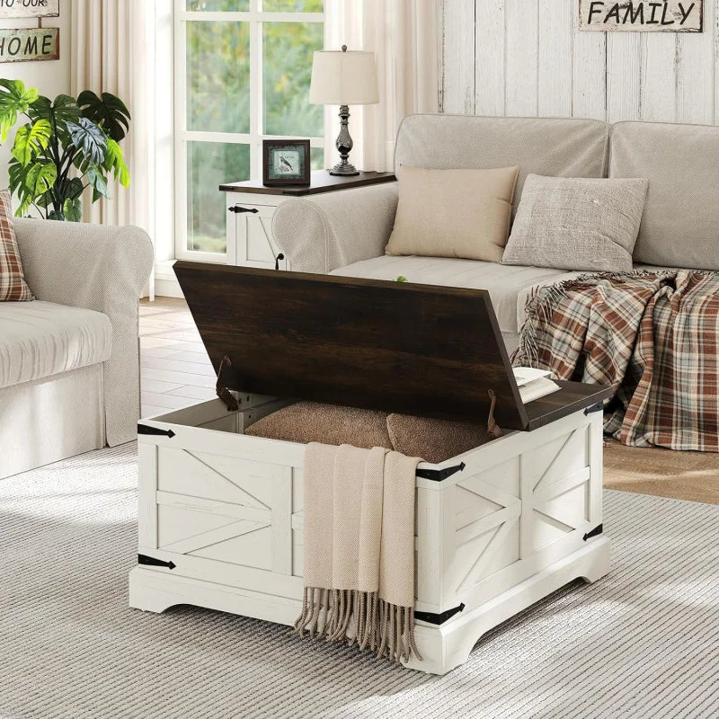 Lift Top Table,Square,  Wood Center Rustic, Cocktail White Moder, hidden storage