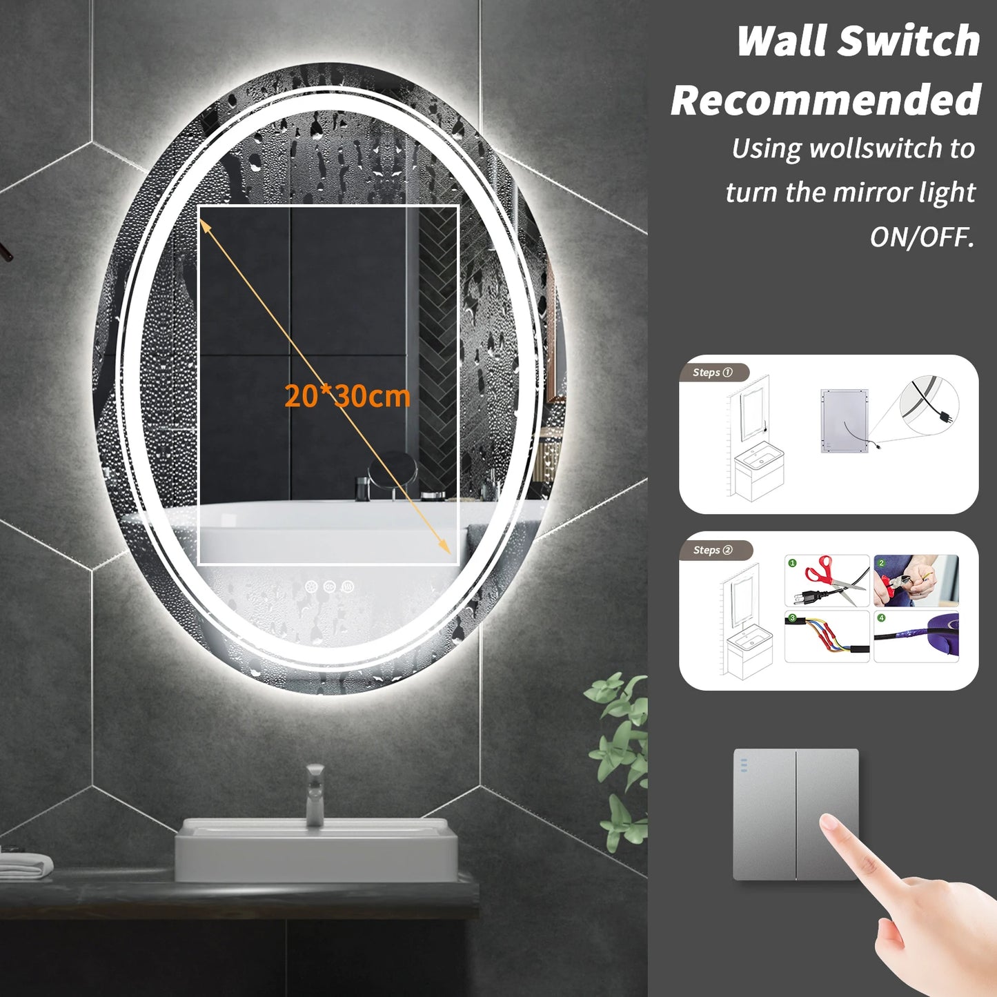 Oval LED Mirror ,Frontlit, Backlit, 3 Colors, Temperature & Dimmable