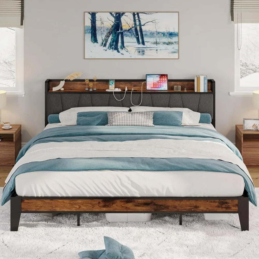 California king size bed frame, storage headboard with charging station,